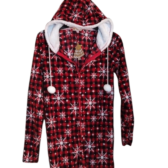 New Snowflake Red Buffalo Plaid Hooded Adult Winter Christmas Onesie PJs Small - Picture 3 of 10